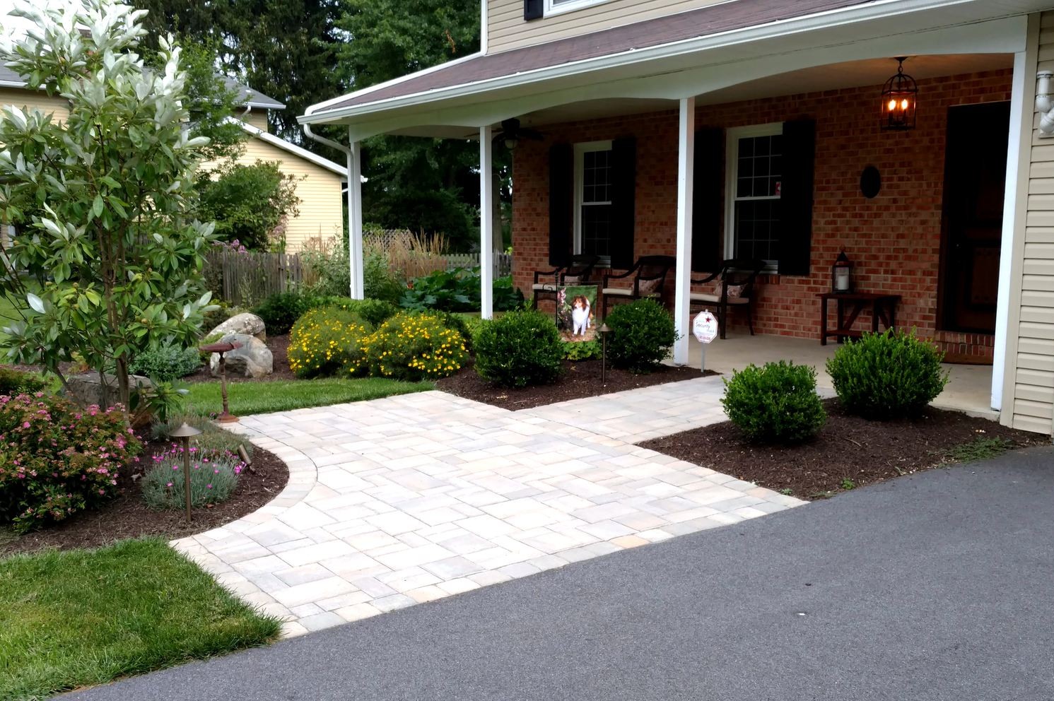 Techo-Bloc paver front walkway and entrance with landscape beds, Allentown PA